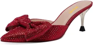 XYD Women's Bejeweled Pointed Closed Toe Mules with Rhinestone Bow Low Heels Sandals Slip On Dress Party Slides Shoes