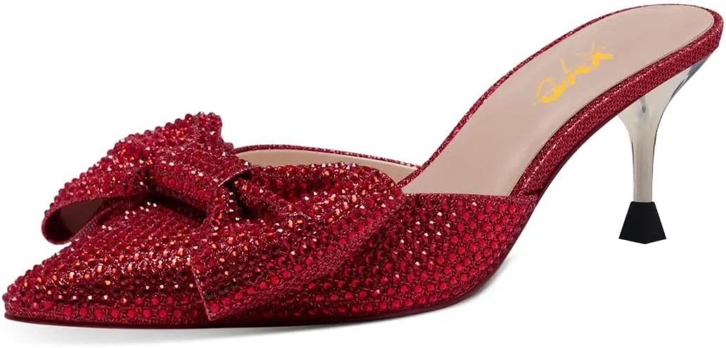 XYD Women's Bejeweled Pointed Closed Toe Mules with Rhinestone Bow Low Heels Sandals Slip On Dress Party Slides Shoes