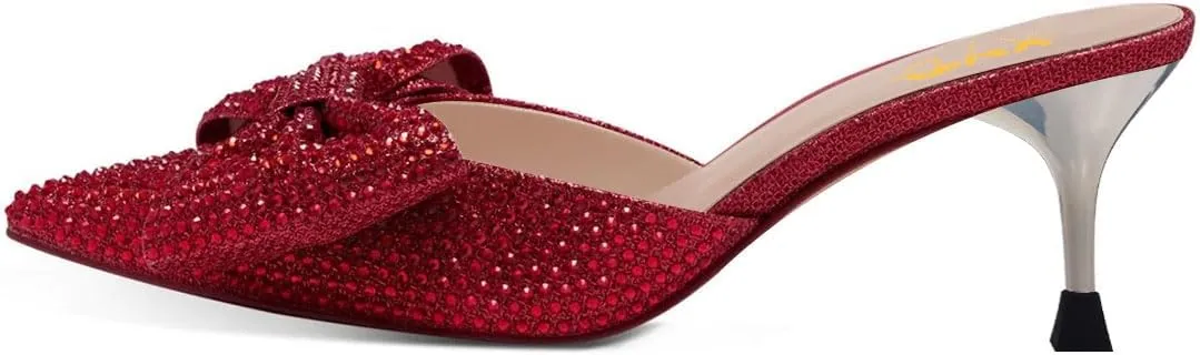 XYD Women's Bejeweled Pointed Closed Toe Mules with Rhinestone Bow Low Heels Sandals Slip On Dress Party Slides Shoes