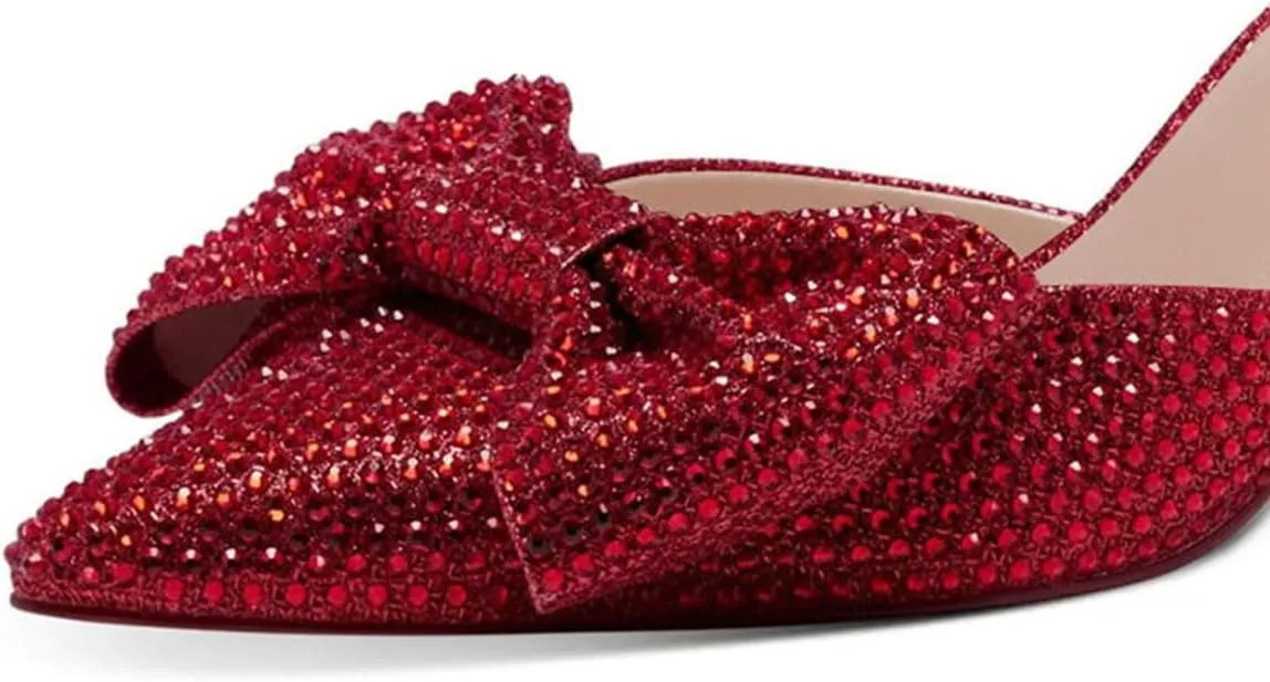 XYD Women's Bejeweled Pointed Closed Toe Mules with Rhinestone Bow Low Heels Sandals Slip On Dress Party Slides Shoes