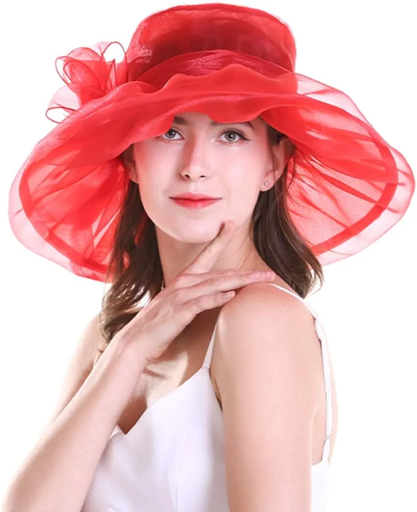 Yatemiole Women's Organza Church Wide Brim Tea Party Wedding Hat Derby Fascinator Cap Kentucky Wedding Hat