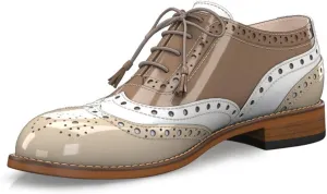 YDN Women Lace Up Oxford Carving Floral Saddle Color Block Brogues Wingtip Derby Low Heels Round Toe Shoes Business Working Size 4-16 US