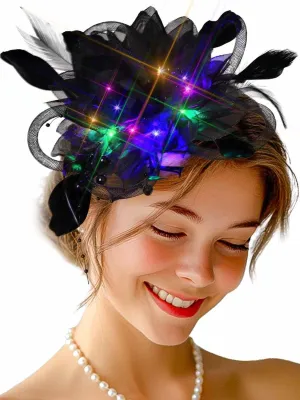 Yokawe Light Up Fascinator Derby Hats Tea Party Feather Hair Clip Set for Women (Black)