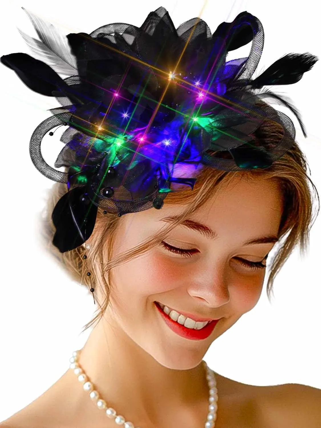 Yokawe Light Up Fascinator Derby Hats Tea Party Feather Hair Clip Set for Women (Black)