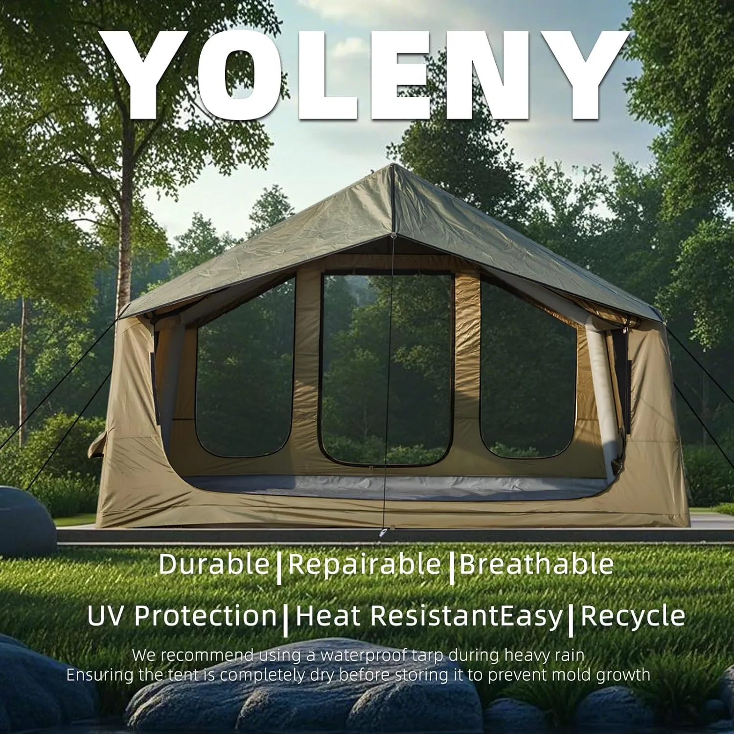 YOLENY Inflatable Tents for Camping, 4/6/8/10/12 Person Tent with TPU Skylight, Mesh Windows, Stove Jack & Pump, Easy Setup 4 Season Glamping Tent, Waterproof & Windproof