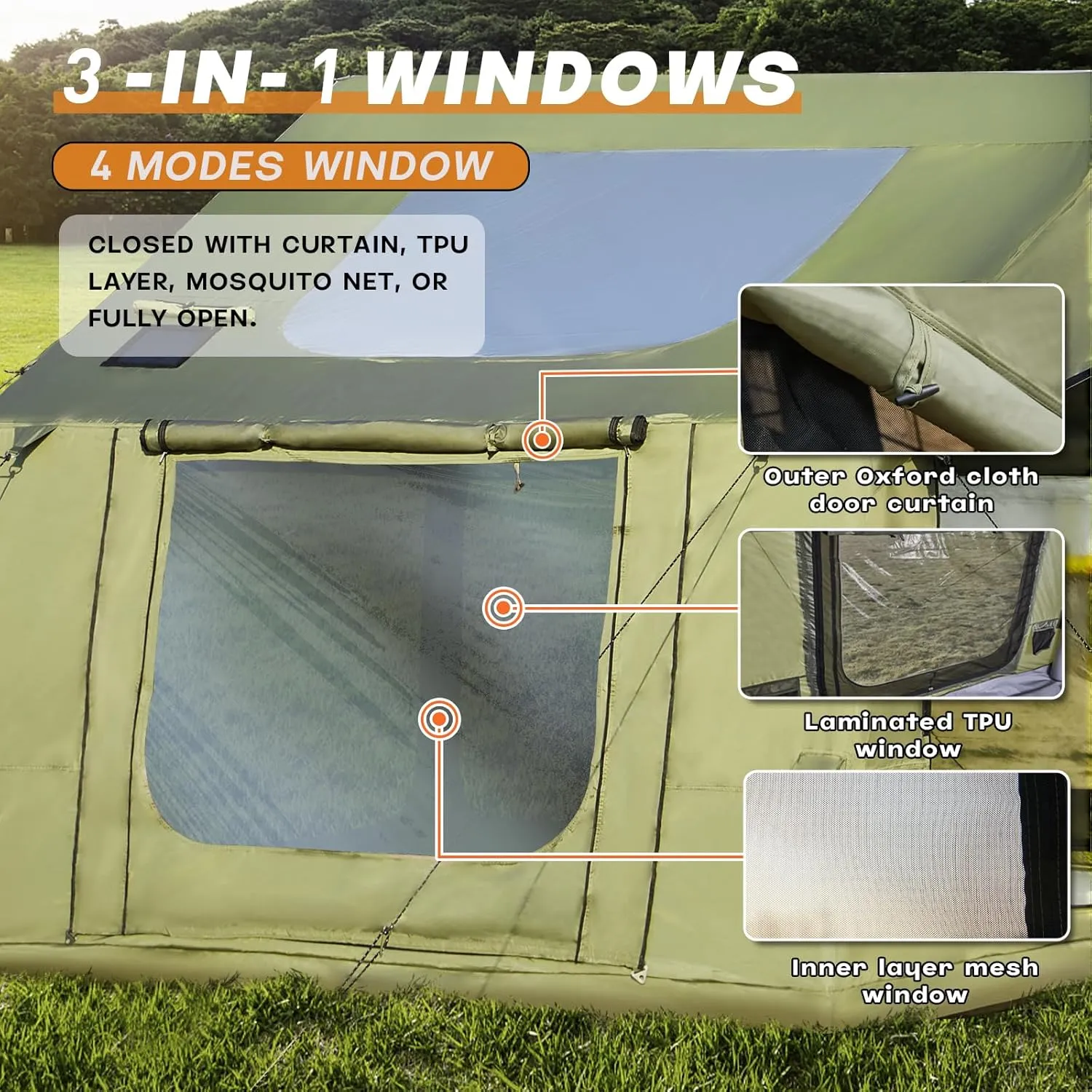 YOLENY Inflatable Tents for Camping, 4/6/8/10/12 Person Tent with TPU Skylight, Mesh Windows, Stove Jack & Pump, Easy Setup 4 Season Glamping Tent, Waterproof & Windproof