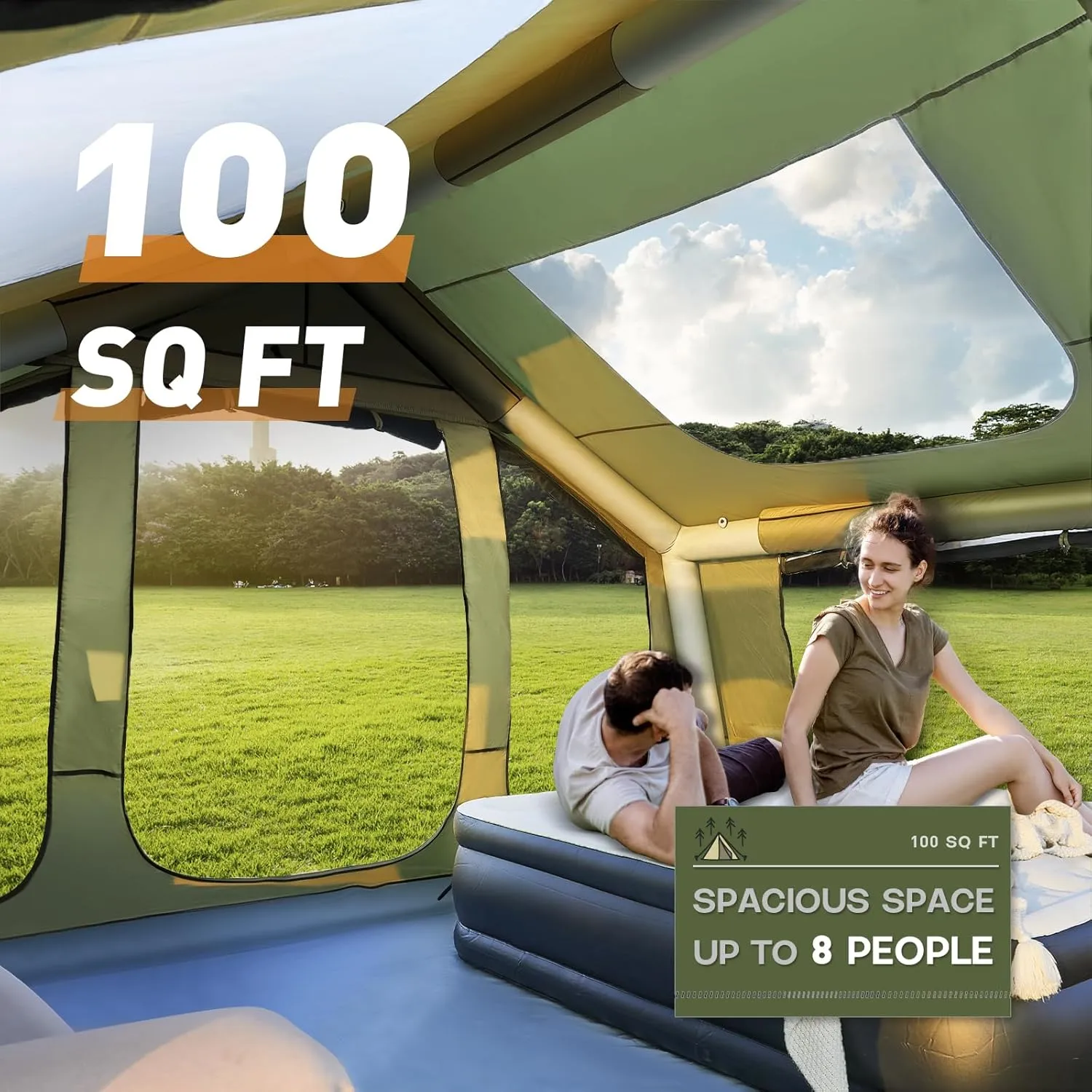 YOLENY Inflatable Tents for Camping, 4/6/8/10/12 Person Tent with TPU Skylight, Mesh Windows, Stove Jack & Pump, Easy Setup 4 Season Glamping Tent, Waterproof & Windproof