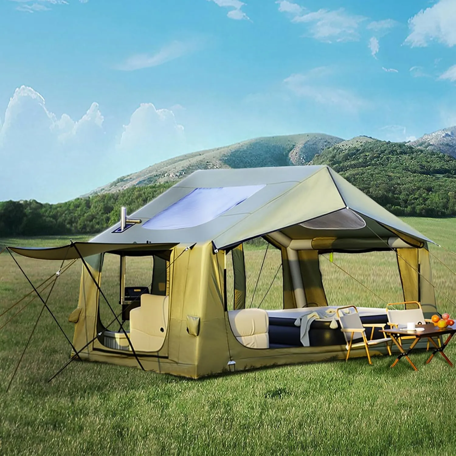 YOLENY Inflatable Tents for Camping, 4/6/8/10/12 Person Tent with TPU Skylight, Mesh Windows, Stove Jack & Pump, Easy Setup 4 Season Glamping Tent, Waterproof & Windproof