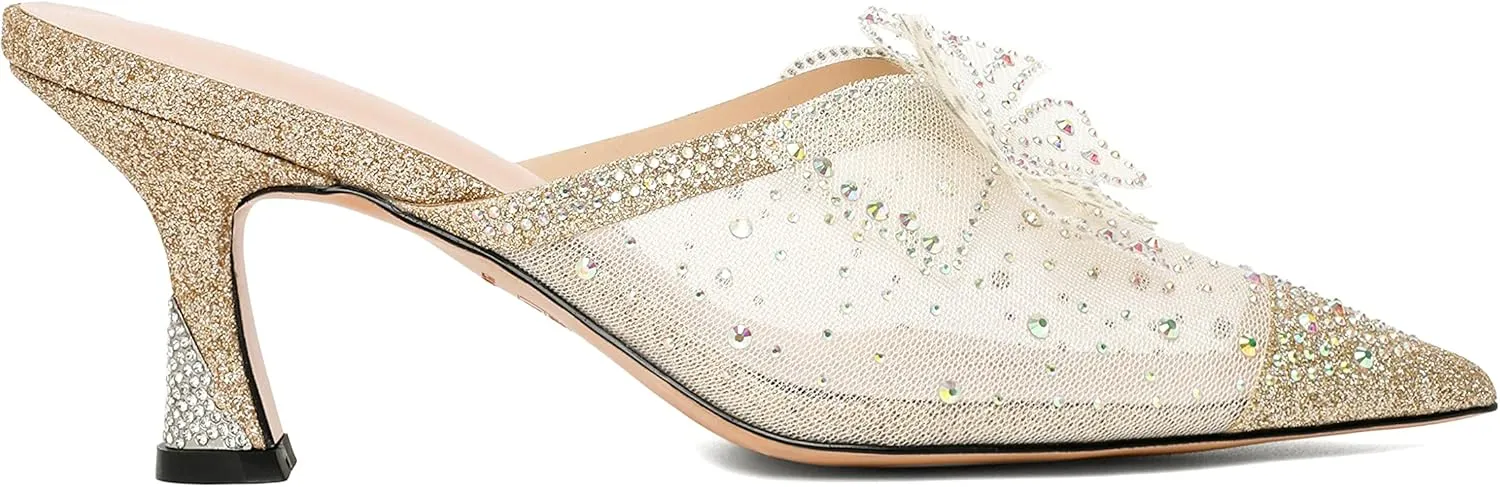 Zamikoo Women's Mule Sandals with Rhinestone, Pointed Toe Slip On Kitten Heel Sandals, Low Heel Mules with Bow, Sparkly Glitter Dress Mesh Pump Shoes for Summer
