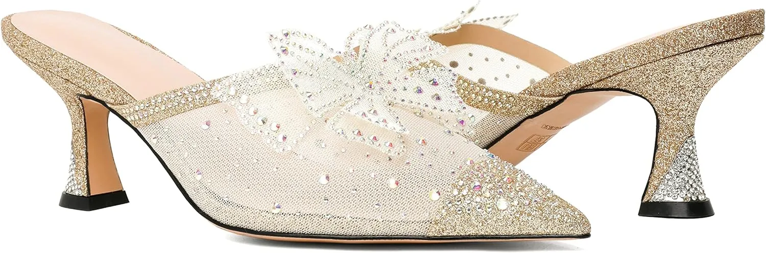 Zamikoo Women's Mule Sandals with Rhinestone, Pointed Toe Slip On Kitten Heel Sandals, Low Heel Mules with Bow, Sparkly Glitter Dress Mesh Pump Shoes for Summer