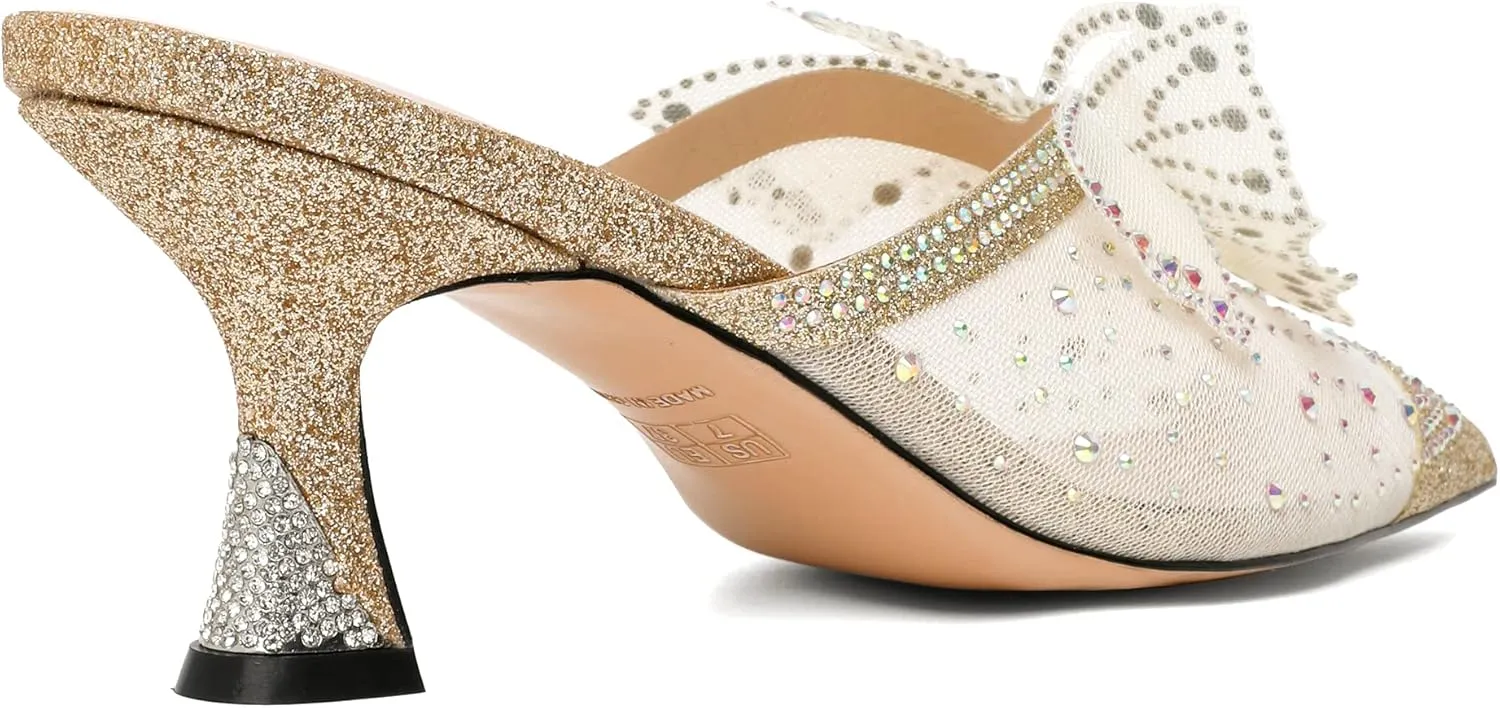 Zamikoo Women's Mule Sandals with Rhinestone, Pointed Toe Slip On Kitten Heel Sandals, Low Heel Mules with Bow, Sparkly Glitter Dress Mesh Pump Shoes for Summer