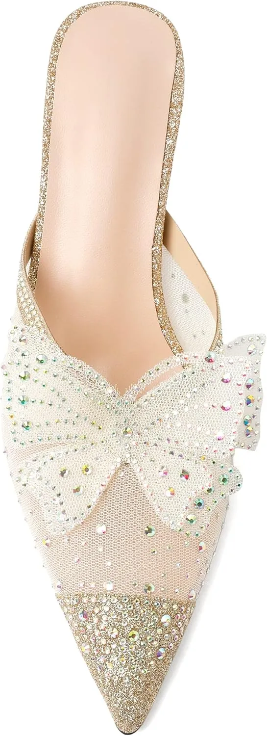 Zamikoo Women's Mule Sandals with Rhinestone, Pointed Toe Slip On Kitten Heel Sandals, Low Heel Mules with Bow, Sparkly Glitter Dress Mesh Pump Shoes for Summer