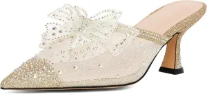 Zamikoo Women's Mule Sandals with Rhinestone, Pointed Toe Slip On Kitten Heel Sandals, Low Heel Mules with Bow, Sparkly Glitter Dress Mesh Pump Shoes for Summer
