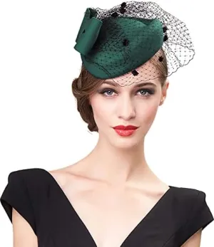 Z&X British Vintage Wool Felt Pillbox Hat Ladies Church Derby Winter Fascinator Hat Veil Flower Fedoras