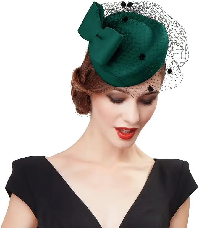 Z&X British Vintage Wool Felt Pillbox Hat Ladies Church Derby Winter Fascinator Hat Veil Flower Fedoras