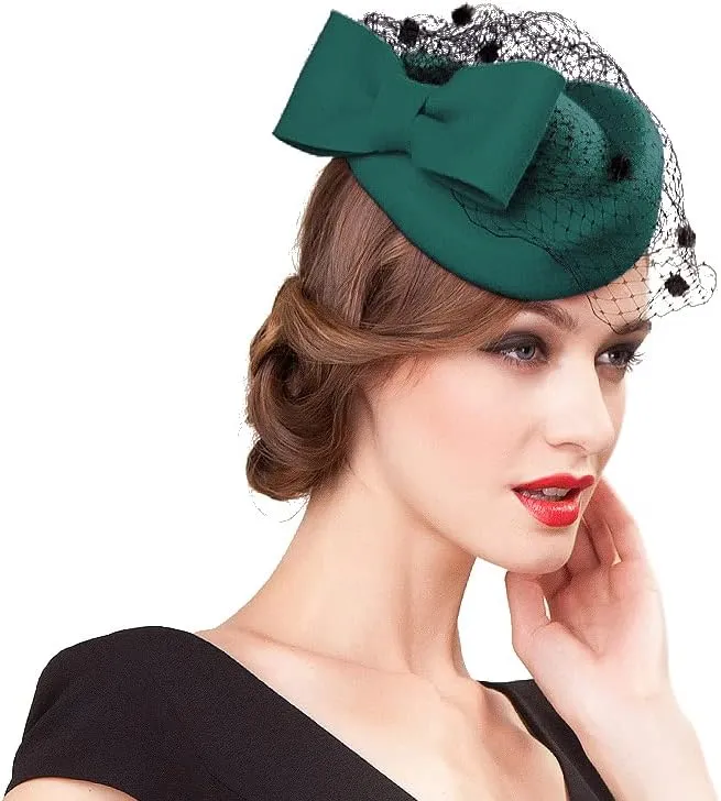 Z&X British Vintage Wool Felt Pillbox Hat Ladies Church Derby Winter Fascinator Hat Veil Flower Fedoras