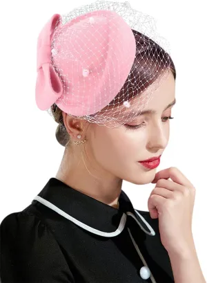Z&X British Vintage Wool Felt Pillbox Hat Ladies Church Derby Winter Fascinator Hat Veil Flower Fedoras