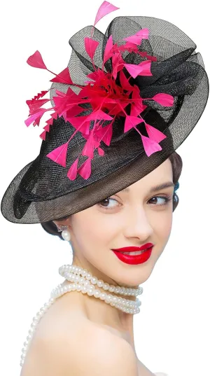 Z&X Sinamay Fascinator Hat Floral Feather Pillbox Derby Hats for Women Wedding Tea Party with Headband Clip