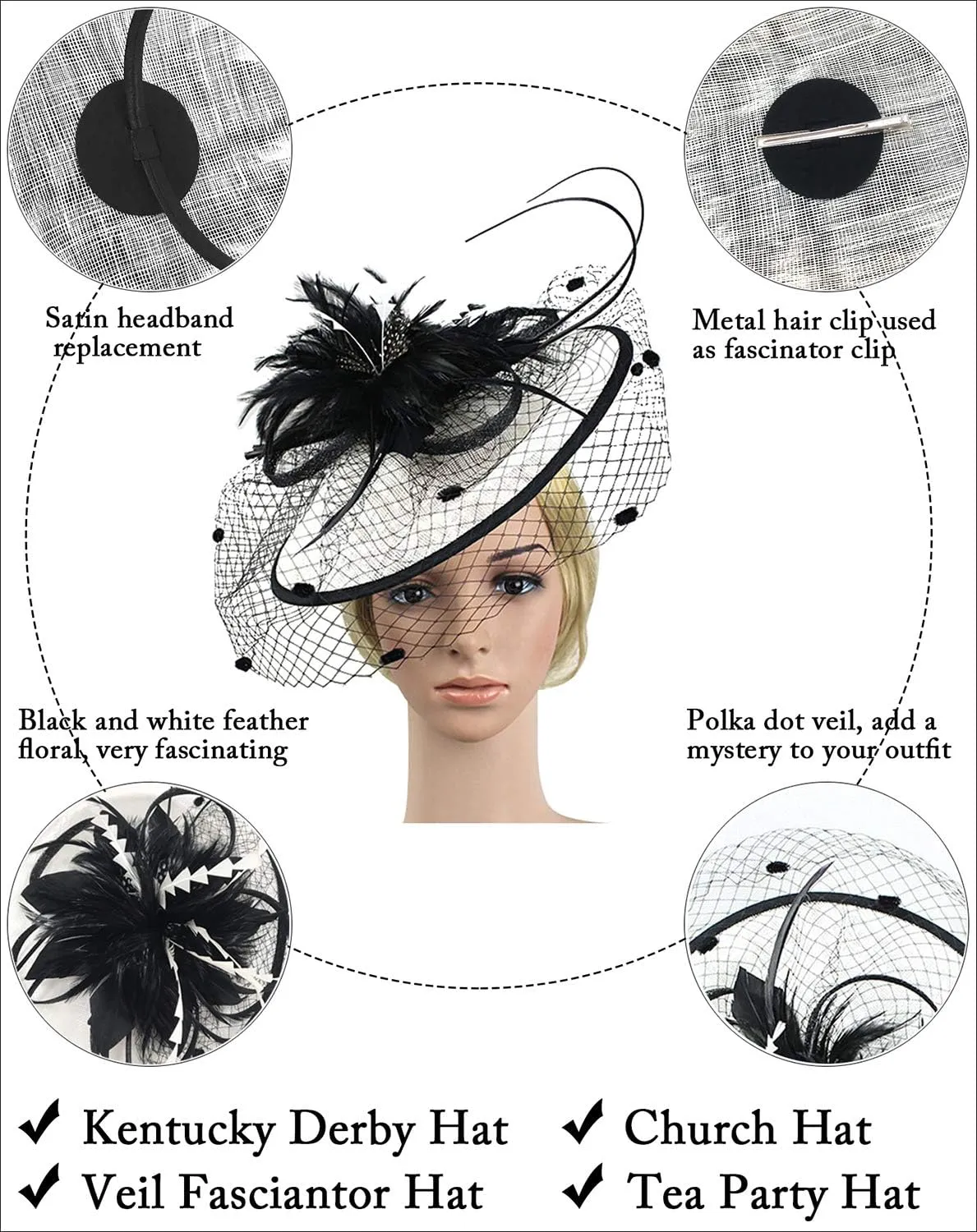 Z&X Sinamay Fascinator Hat Floral Feather Pillbox Derby Hats for Women Wedding Tea Party with Headband Clip