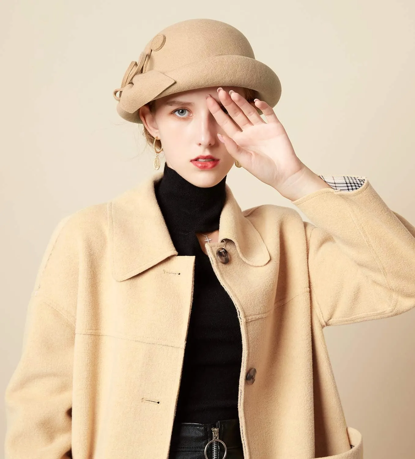 Z&X Wool Felt Veil Fascinator Pillbox Hats for Women Winter Tea Party Church Derby Hat Flower Beret Fedoras
