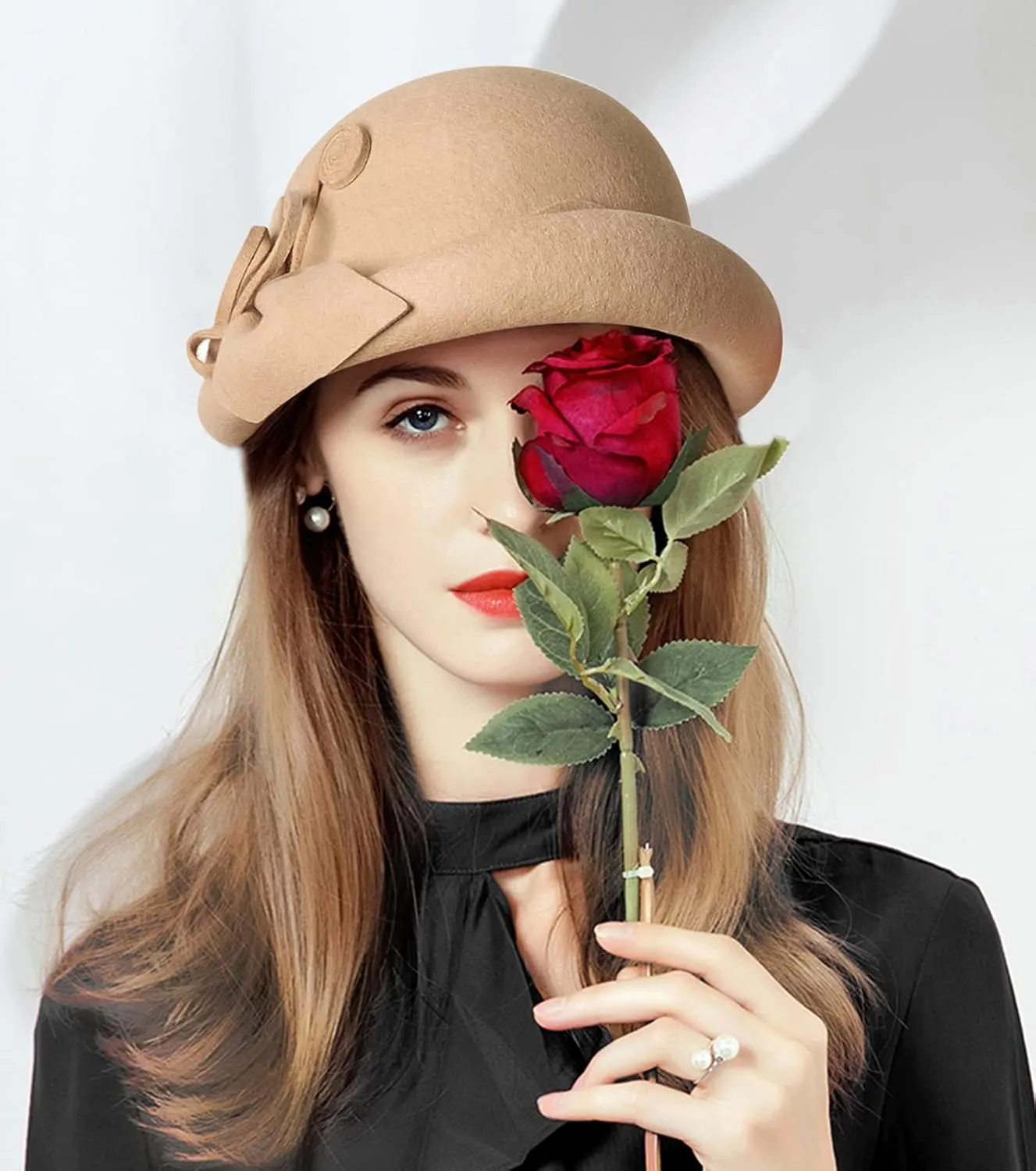 Z&X Wool Felt Veil Fascinator Pillbox Hats for Women Winter Tea Party Church Derby Hat Flower Beret Fedoras