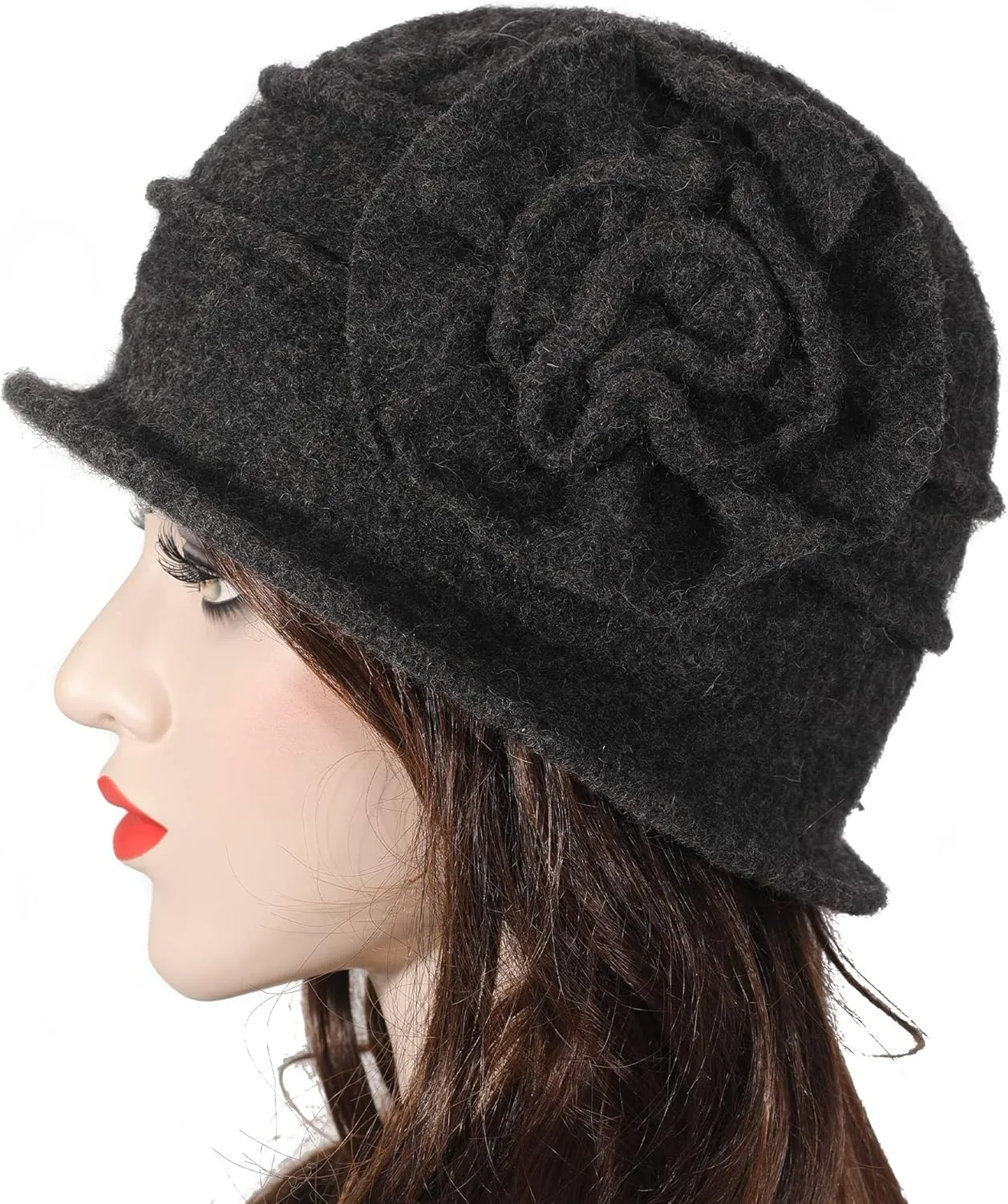 ZLYC Women Wool Cloche Bucket Hat 1920s Vintage Dress Winter Hats with Flower Accent