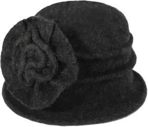 ZLYC Women Wool Cloche Bucket Hat 1920s Vintage Dress Winter Hats with Flower Accent