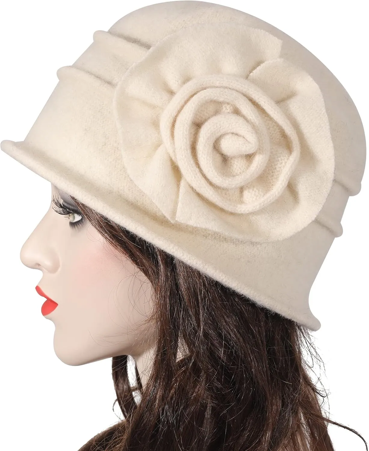 ZLYC Women Wool Cloche Bucket Hat 1920s Vintage Dress Winter Hats with Flower Accent