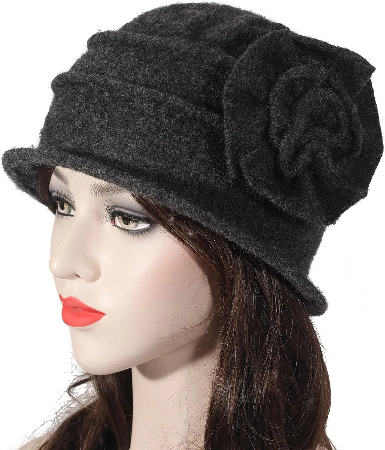 ZLYC Women Wool Cloche Bucket Hat 1920s Vintage Dress Winter Hats with Flower Accent